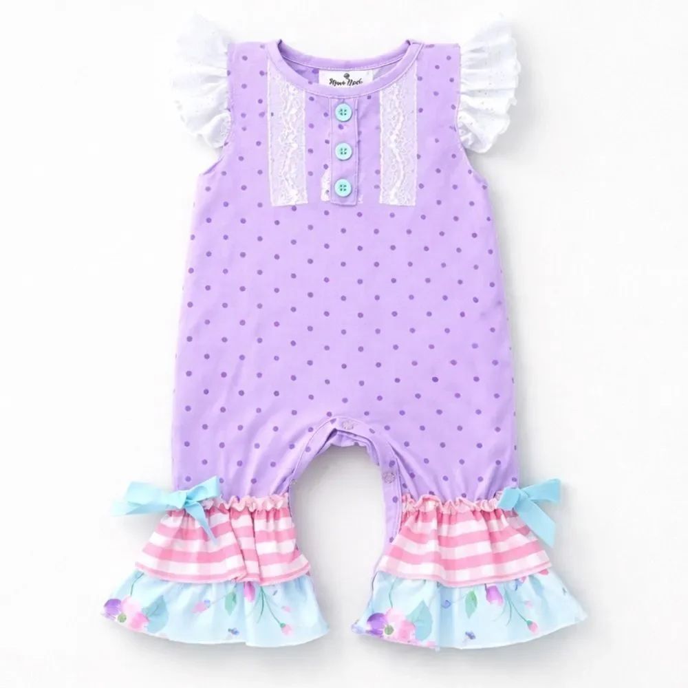 Marie Nicole Purple polka dot and lace ruffle hem jumpsuit 0-3 months
